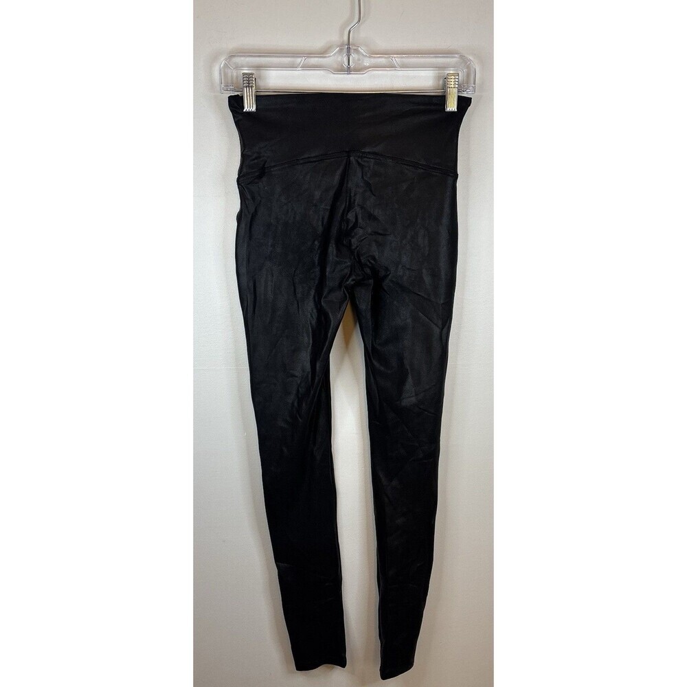 SPANX Black Faux Leather Stretch Leggings Women Medium Mid Rise Ankle Shaping - Picture 5 of 10